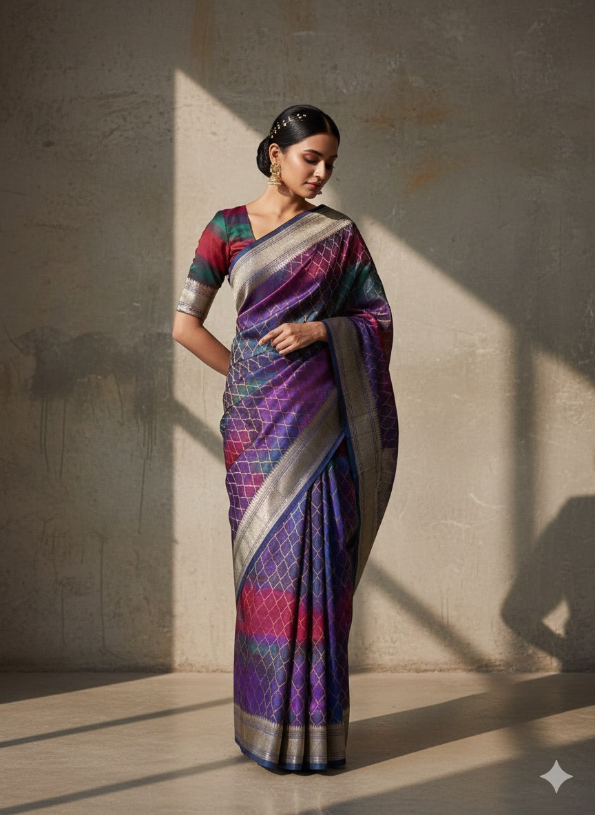 Purple Handwoven Pure Banarasi Satin Tanchoi Silk Saree – Kadwa Weave, Pure Satin Silk