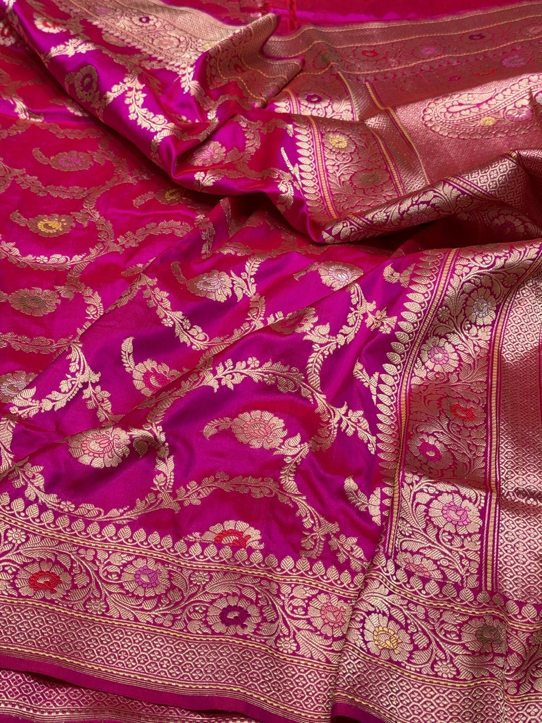 Rani Pink Handwoven Pure Banarasi Silk Saree – Kadwa Weave in 100% Katan Mulberry Silk