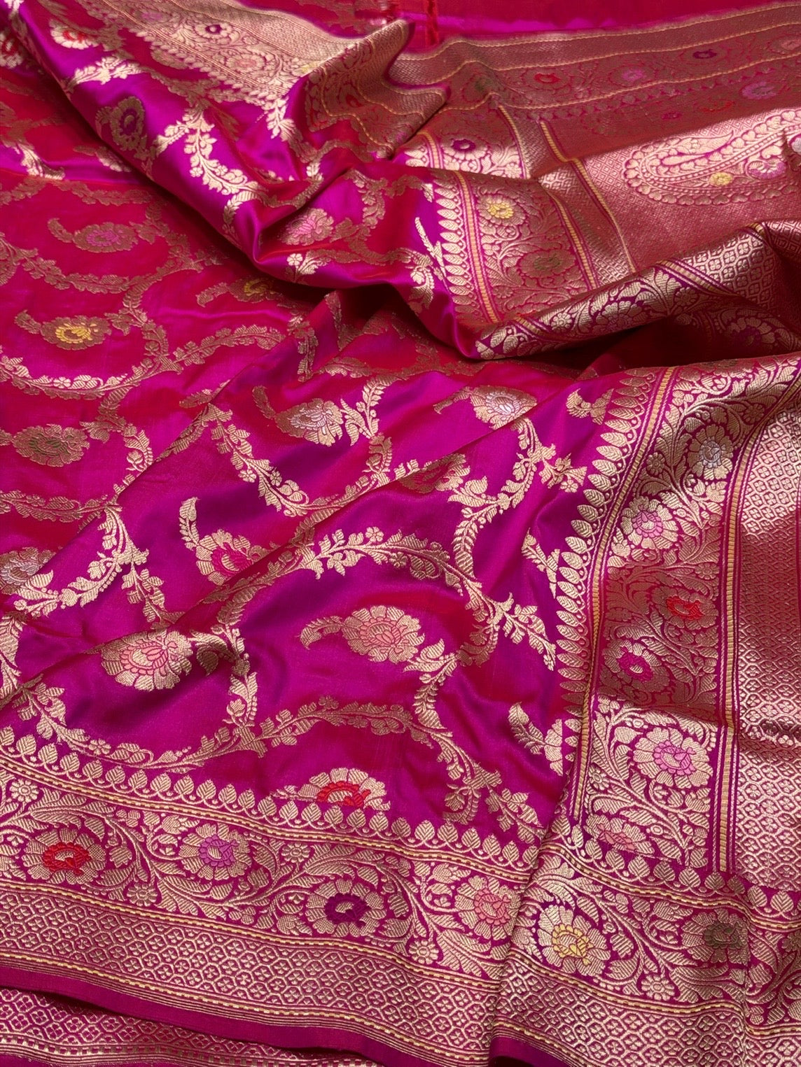 Rani Pink Handwoven Pure Banarasi Silk Saree – Kadwa Weave in 100% Katan Mulberry Silk