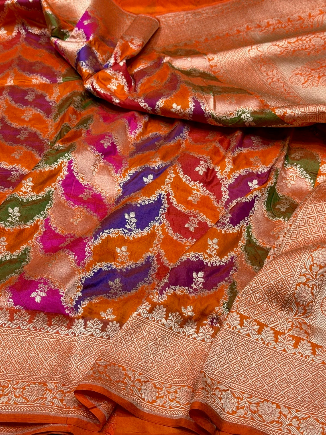 Orange Banarasi Pure Rangkaat Silk Saree – Cutwork Weave in 100% Pure Katan Silk