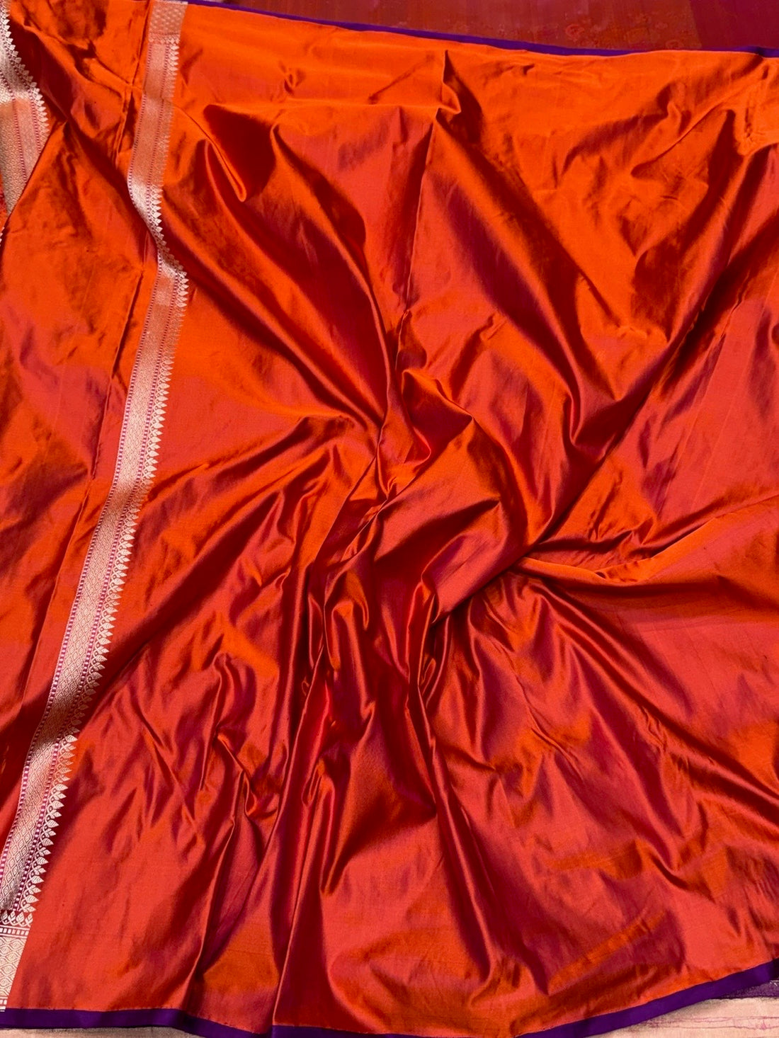 Orange Handwoven Pure Banarasi Satin Tanchoi Silk Saree