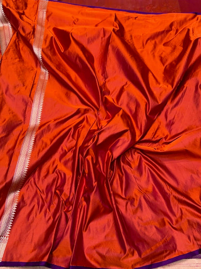 Orange Handwoven Pure Banarasi Satin Tanchoi Silk Saree
