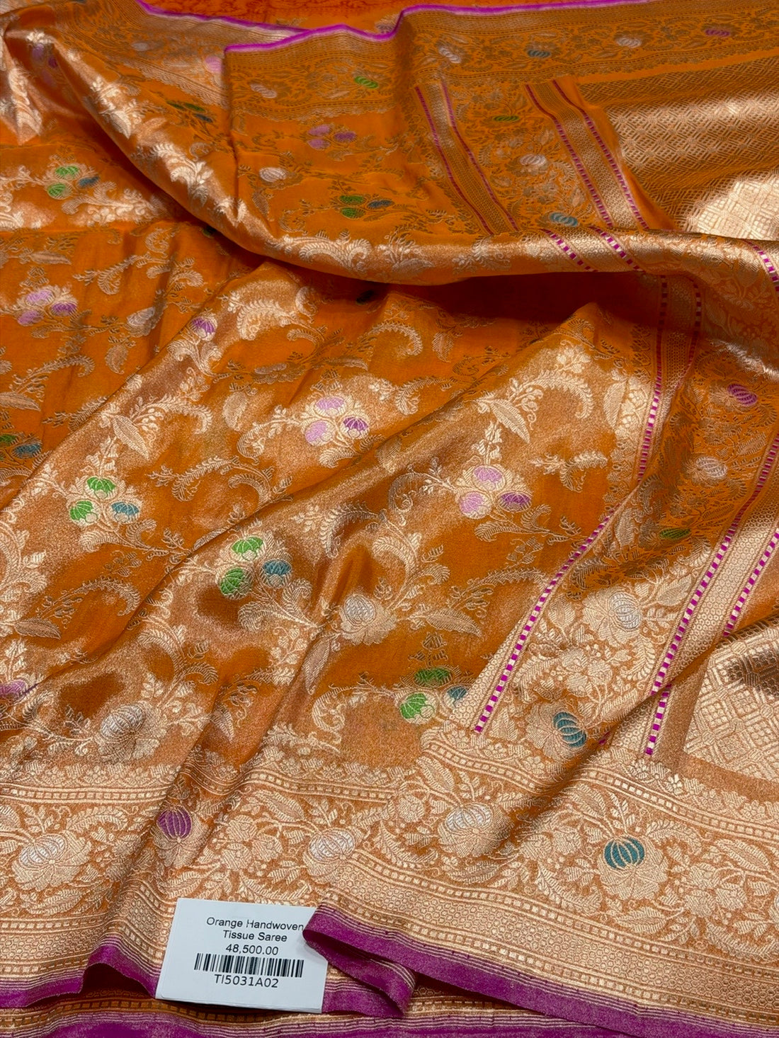 Orange Handwoven Banarasi Pure Silk Tissue Saree