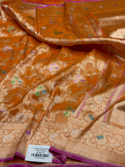 Orange Handwoven Banarasi Pure Silk Tissue Saree