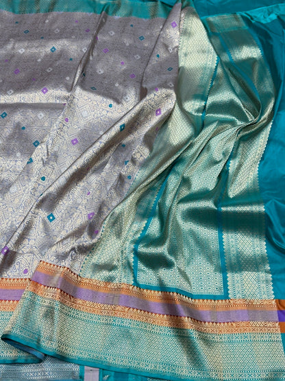 Grey Banarasi Silk Brocade Saree with Satin Border – Katan Silk Elegance