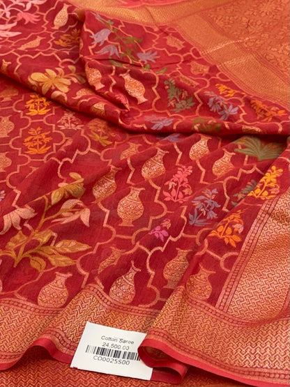 Red Pure Muslin Cotton Jamdani Saree