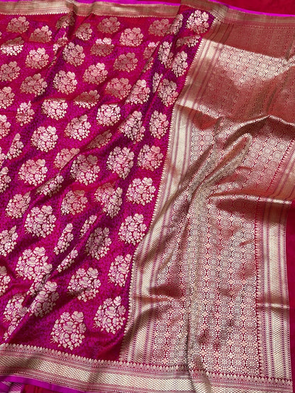 Ruby Red Handwoven Pure Banarasi Satin Tanchoi Silk Saree – Kadwa Weave | Authentic Banaras Handloom