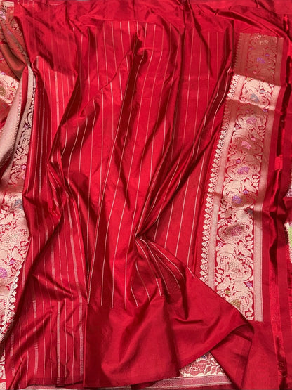Red Handwoven Pure Banarasi Silk Saree in Kadwa Weave – Authentic Katan Mulberry Silk