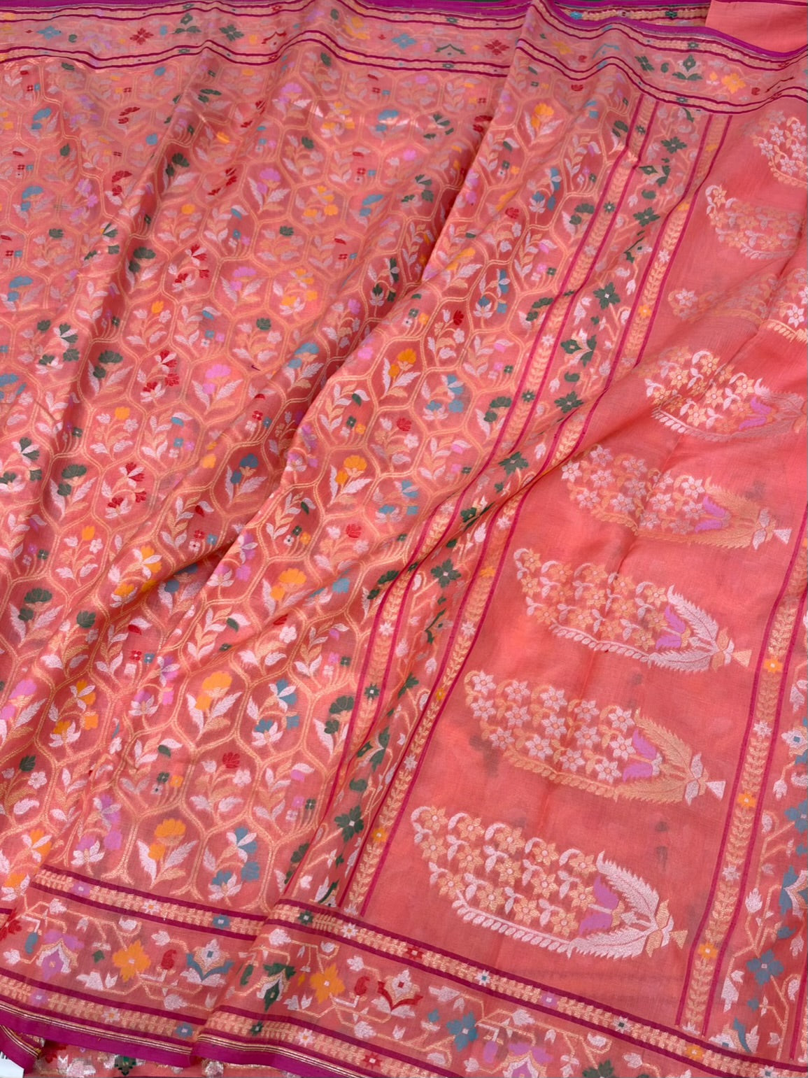 Peach Banarasi Pure Muslin Kora Jamdani Saree