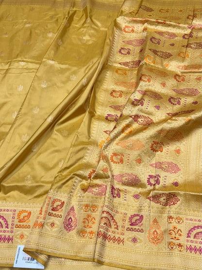 Yellow Handwoven Pure Banarasi Katan Silk Saree 100% Pure Mulberry Silk