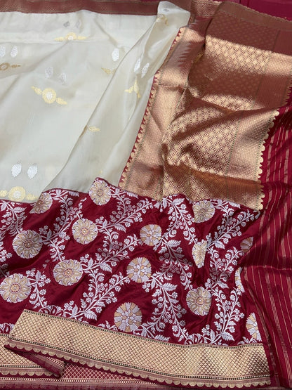 Ivory Handwoven Pure Banarasi Organza Silk Saree in Kadwa Weave | 100% Pure Kora Silk