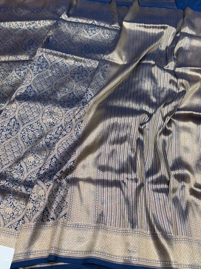 German Blue Banarasi Pure Silk Brocade Saree