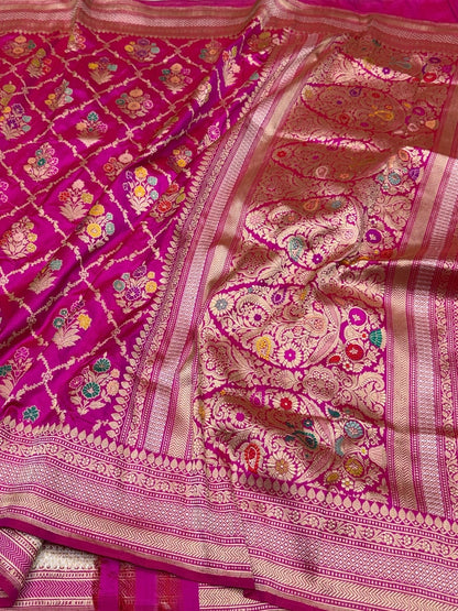 Rani Pink Handwoven Pure Banarasi Silk Saree – Kadwa Weave in 100% Katan Mulberry Silk