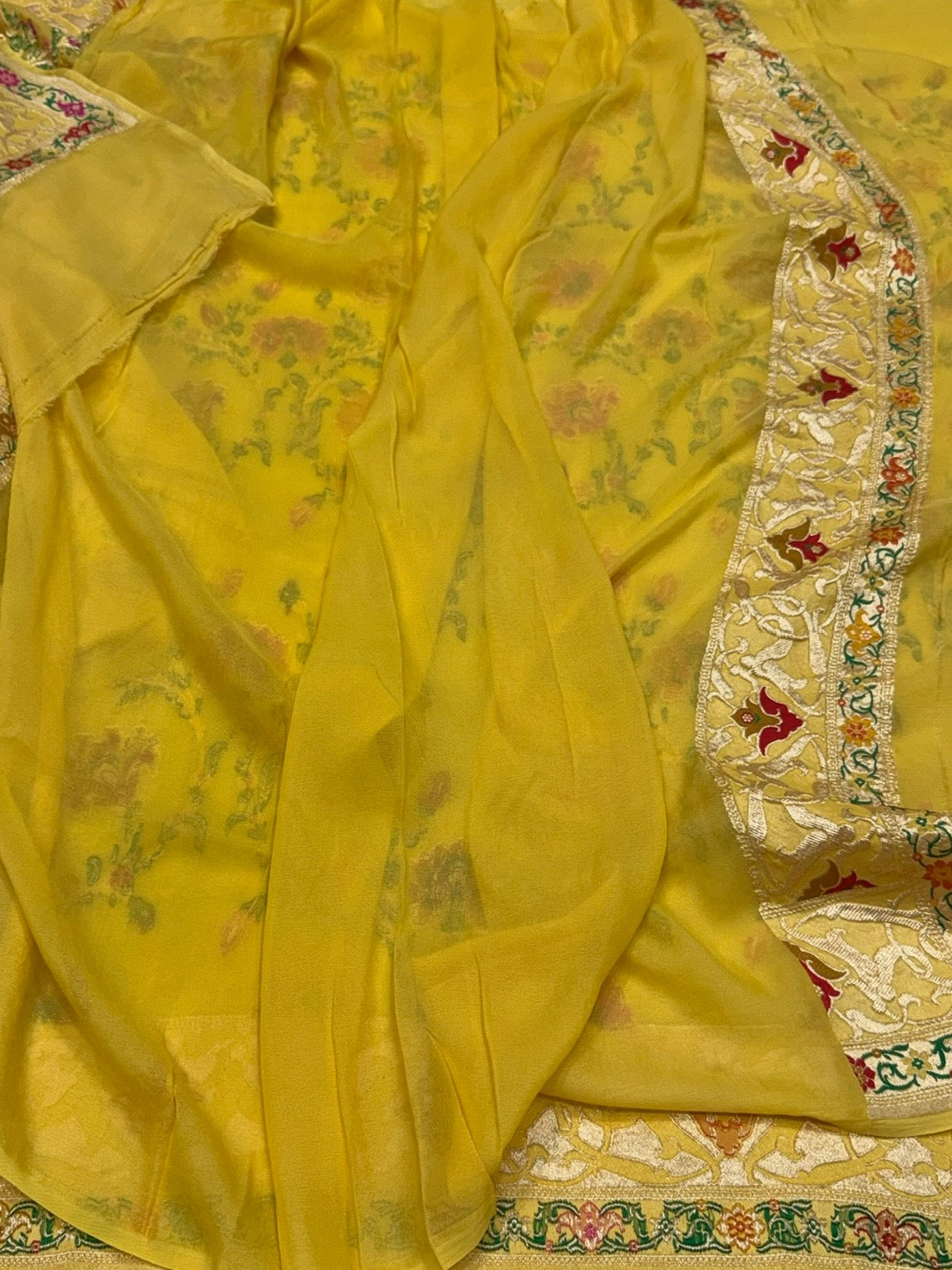 Yellow Pure Banarasi Minakari Chiffon Georgette Saree