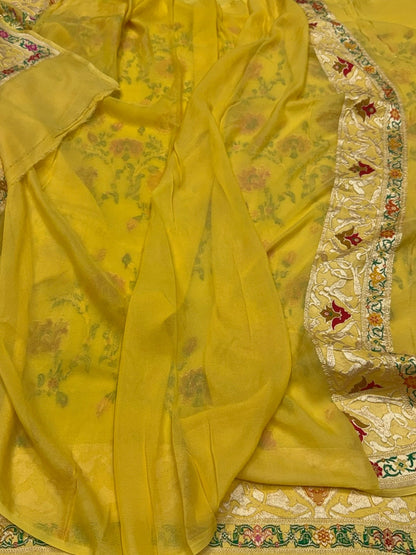 Yellow Pure Banarasi Minakari Chiffon Georgette Saree