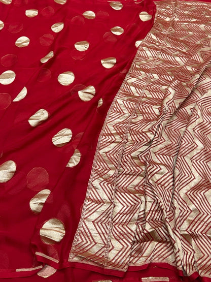 Red Banarasi Pure Chiffon Georgette Saree – Luxury Cutwork Brocade Festive Saree