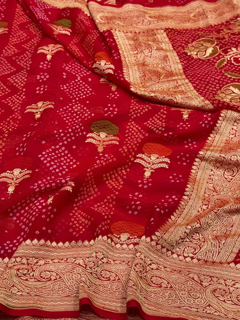Red Banarasi Pure Bandhej Georgette Saree – Luxury Cutwork Brocade Wedding & Festive Saree