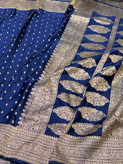 Royal Blue Handwoven Vintage Pure Banarasi Satin Silk Saree