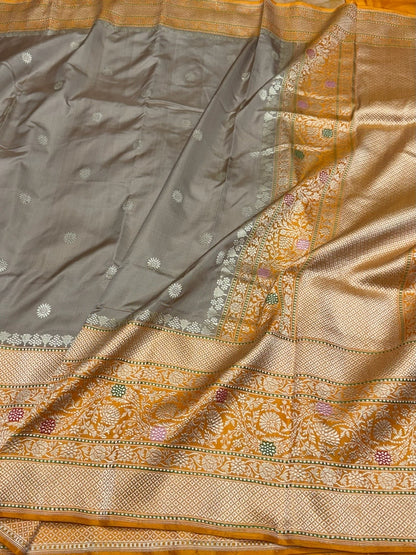 Chiku &amp; Orange Handwoven Pure Banarasi Ektara Silk Saree