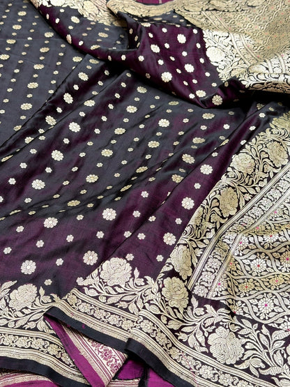 Wine Vintage Banarasi Pure Satin Silk Brocade Saree – Luxury Cutwork Wedding &amp; Festive Saree