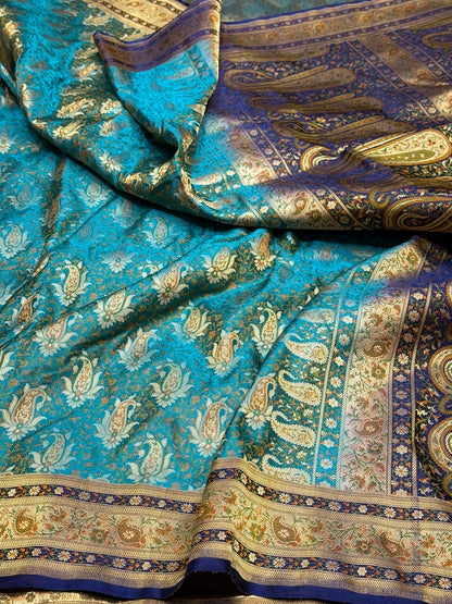 Sky Blue Handwoven Pure Banarasi Satin Tanchoi Silk Saree
