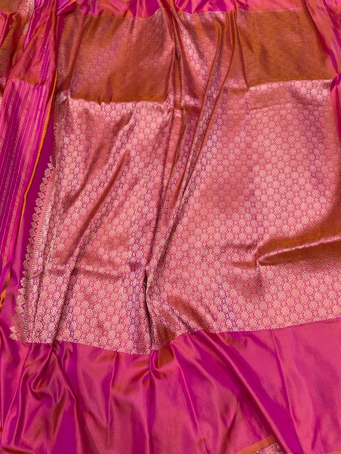 Orangish Pink Handwoven Pure Banarasi Ektara Silk Saree – Kadwa Iktara Weave, Pure Mulberry Silk