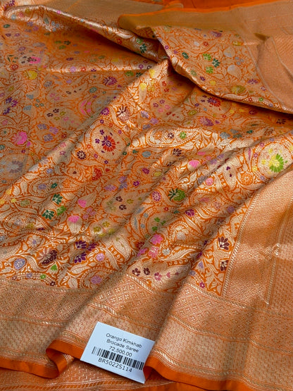 Orange Handwoven Kimkhab Pure Banarasi Silk Brocade Saree