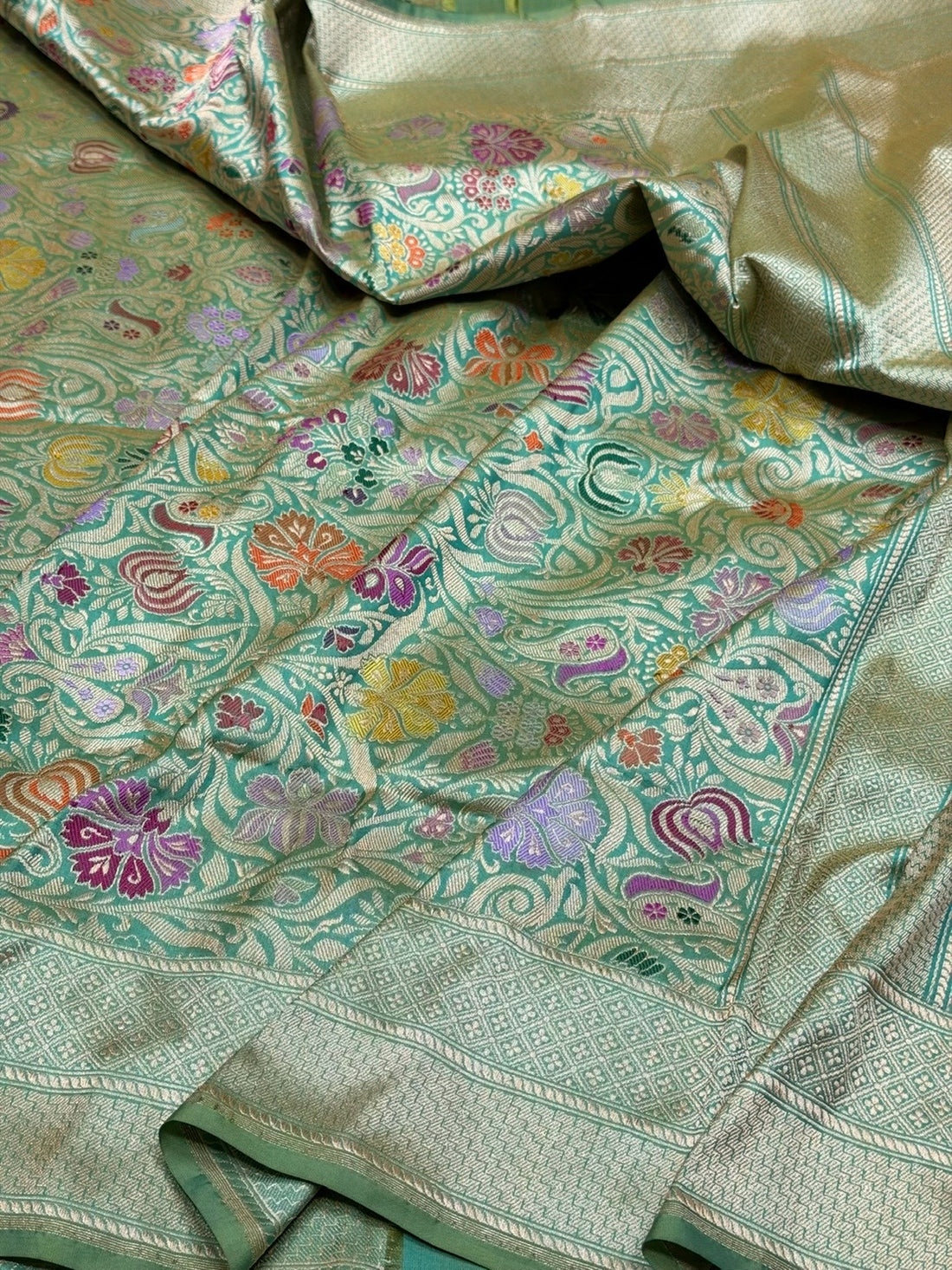 Sea Green Handwoven Kimkhab Pure Banarasi Silk Brocade Saree