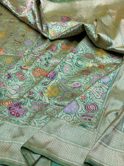Sea Green Handwoven Kimkhab Pure Banarasi Silk Brocade Saree
