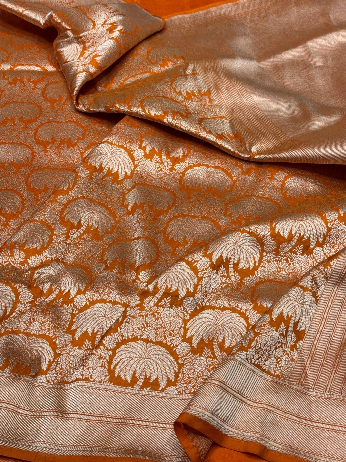 Orange Banarasi Pure Silk Brocade Saree | Luxurious Katan Silk with Intricate Weave