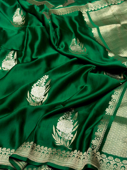 Bottle Green Handwoven Pure Mashru Banarasi Satin Silk Saree