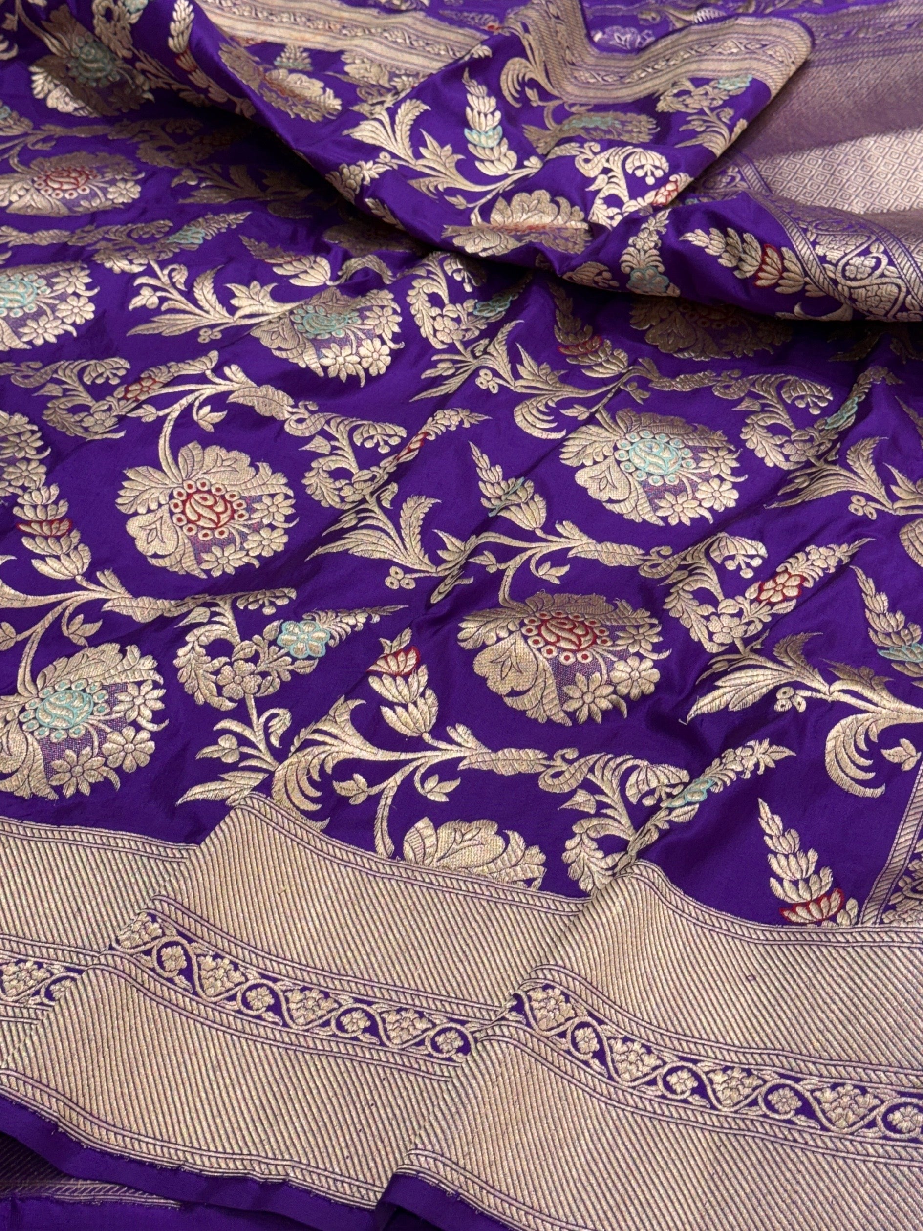 Purple Handwoven Pure Banarasi Silk Saree in Kadwa Jaal – Authentic Katan Mulberry Silk