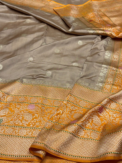 Chiku &amp; Orange Handwoven Pure Banarasi Ektara Silk Saree