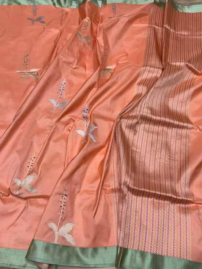 Peach Handwoven Pure Banarasi Satin Border Silk Saree