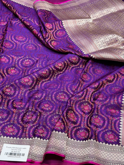 Purple Handwoven Pure Banarasi Satin Tanchoi Silk Saree