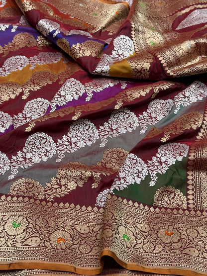 Wine Handwoven Pure Banarasi Rangkaat Silk Saree
