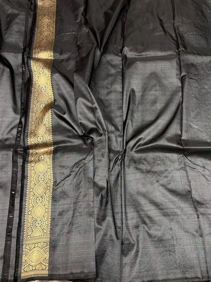 Black Handwoven Pure Banarasi Satin Tanchoi Silk Saree – Cutwork Weave | Pure Satin Silk | Classic Black Banarasi Elegance
