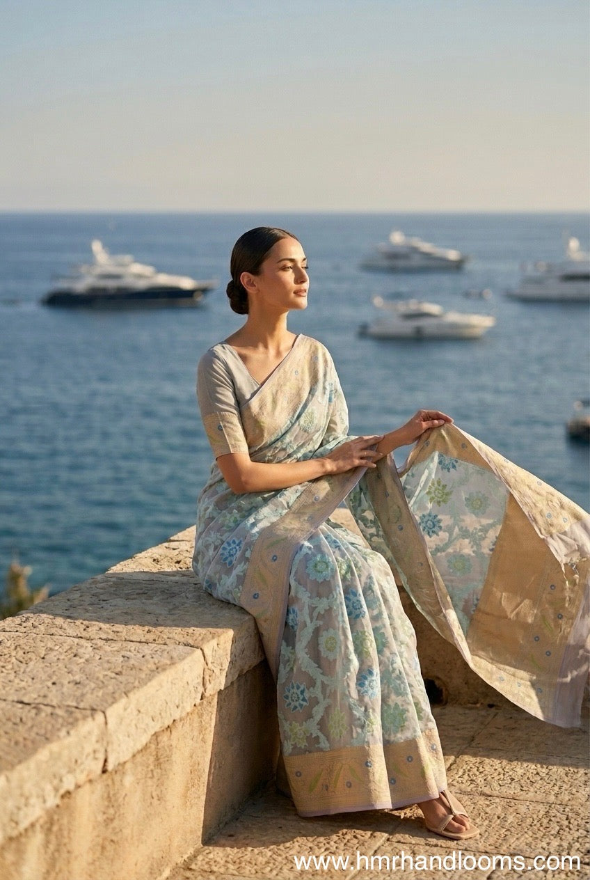 Sky Blue Handwoven Pure Banarasi Organza Silk Saree