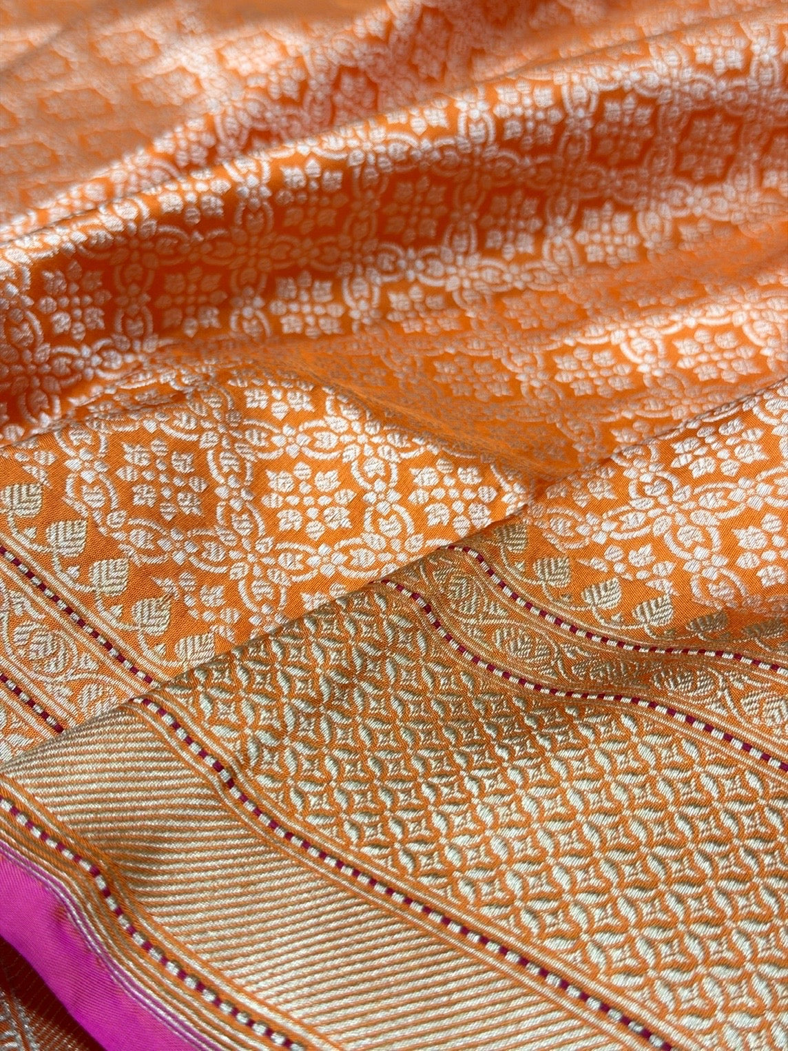 Orange Pure Banarasi Silk Brocade Saree in Katan Mulberry Silk – Classic Banaras Weave
