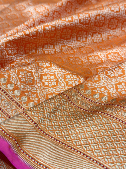 Orange Pure Banarasi Silk Brocade Saree in Katan Mulberry Silk – Classic Banaras Weave