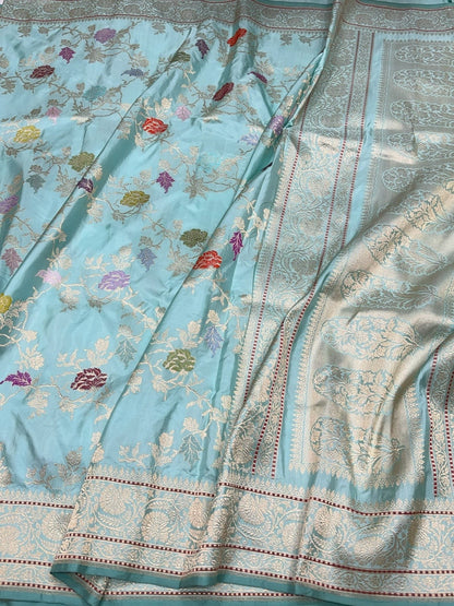 Sky Blue Handwoven Pure Banarasi Silk Saree – Luxury Kadwa Handloom Wedding &amp; Festive Saree
