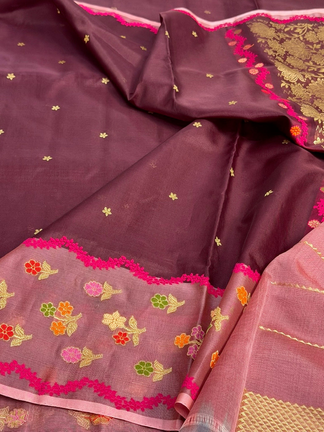 Wine Handwoven Pure Organza Silk Saree