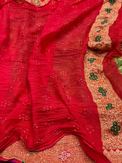Red Banarasi Pure Bandhej Georgette Saree – Luxury Cutwork Brocade Wedding &amp; Festive Saree