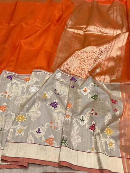 Orange Handwoven Pure Organza Tussar Border Saree