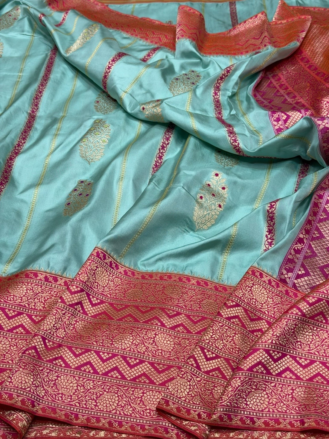 Sea Blue Pure Banarasi Katan Silk Saree – Handwoven Kadwa Booti
