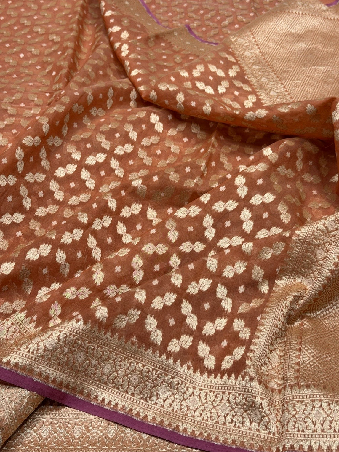 Rust Banarasi Pure Kora Cotton Saree