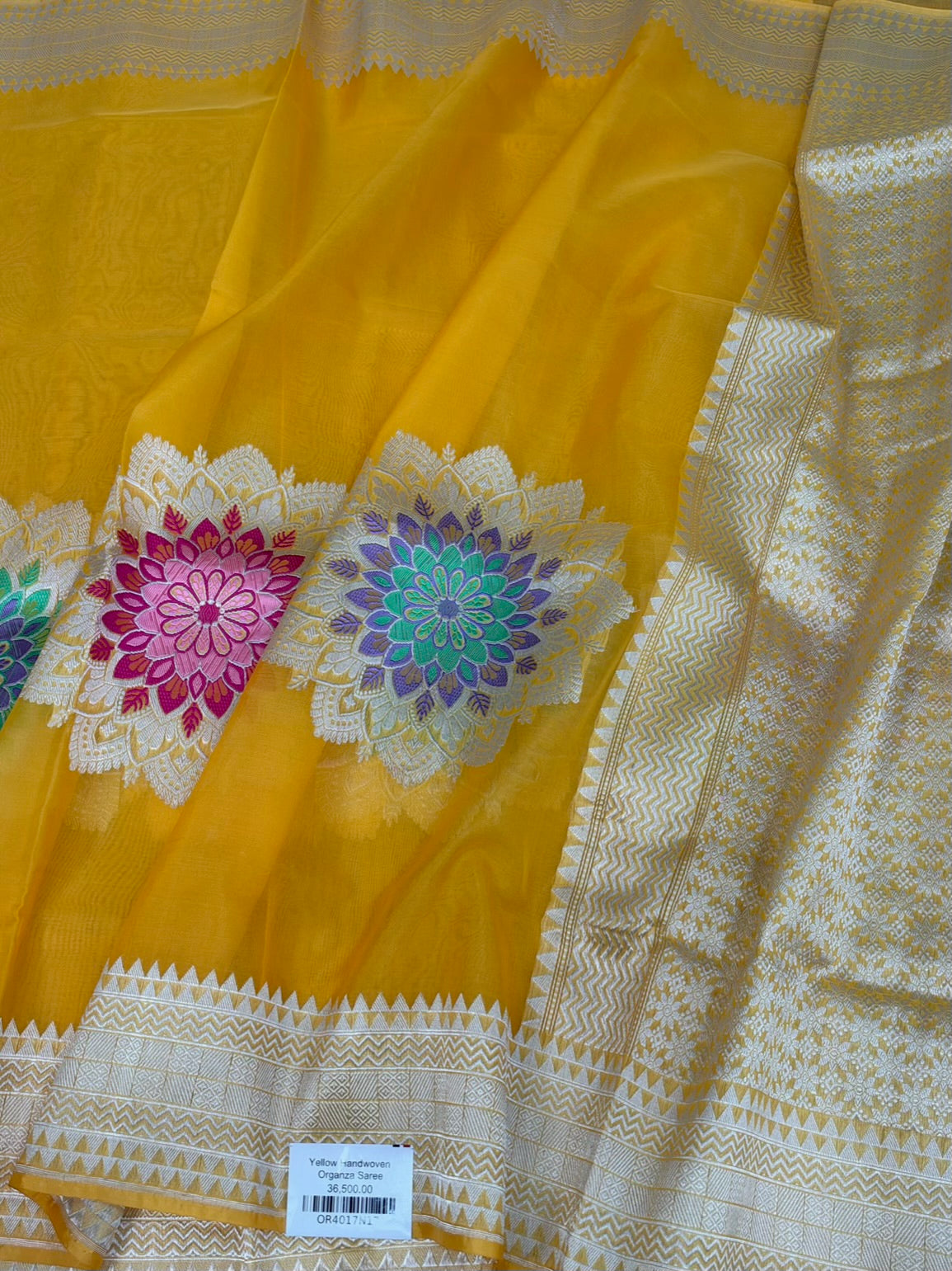 Yellow Handwoven Pure Banarasi Organza Silk Saree