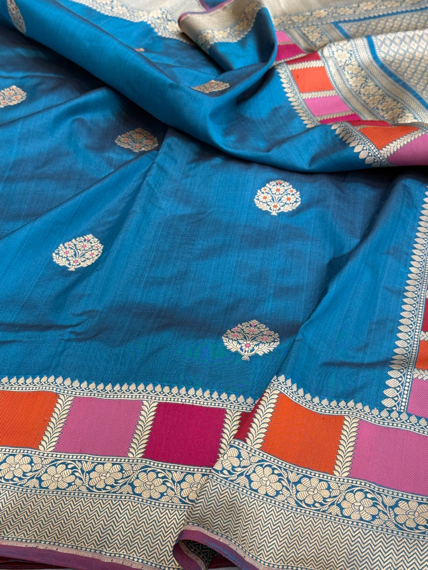 German Blue Handwoven Pure Banarasi Silk Saree in Kadwa Weave | 100% Pure Katan Mulberry Silk