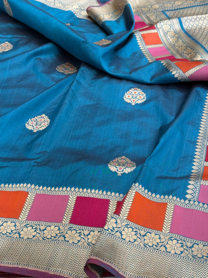 German Blue Handwoven Pure Banarasi Silk Saree in Kadwa Weave | 100% Pure Katan Mulberry Silk