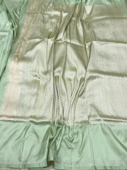 Pista Handwoven Pure Banarasi Silk Saree in Kadwa Weave – Katan Silk with Skirt Pattern Design